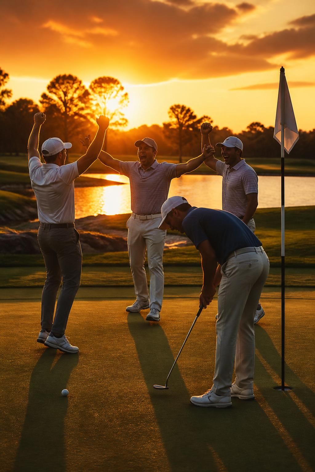 Four golfers celebrating a game-winning putt at sunset